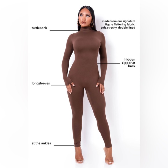 CHOCOLATE BROWN HIGH NECK FLEECE LINED JUMPSUIT - Picture 5 of 10